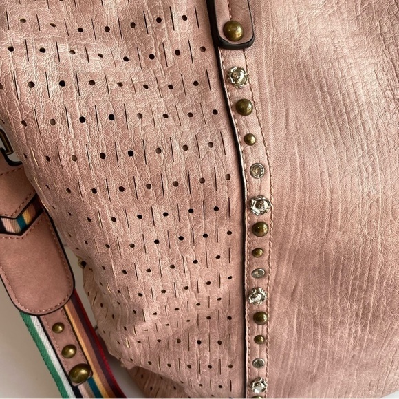 Paula Rossi Faux Leather Tote Large Pink Studded Crossbody Travel Boho Purse - Picture 4 of 11